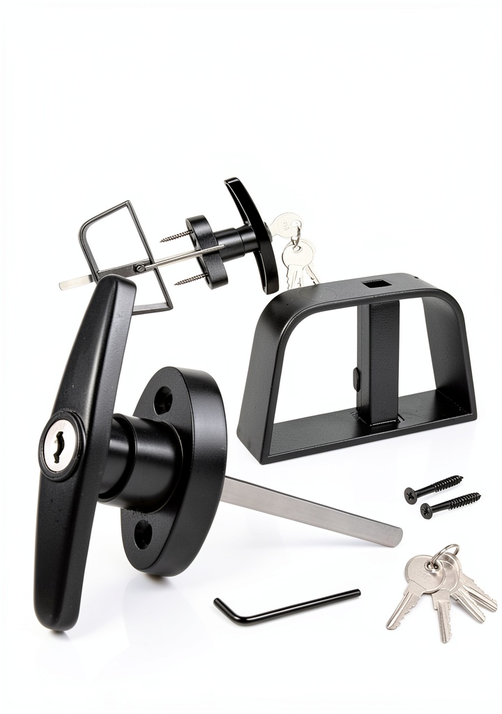 Natasher black metal shed lock installed on a wooden shed door