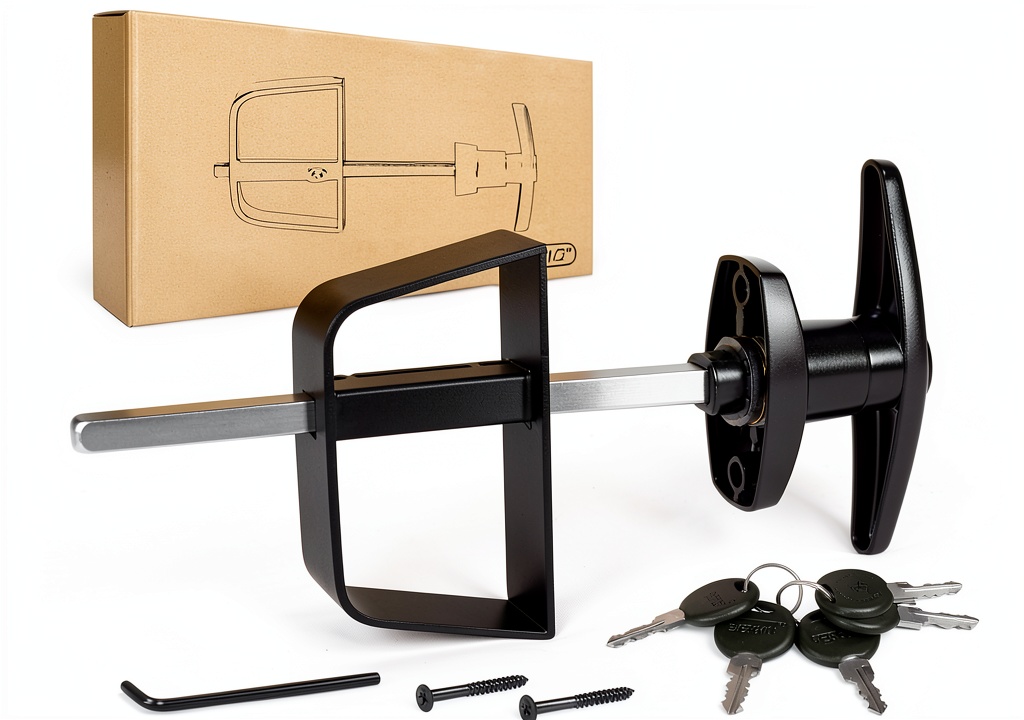 'Hurrikom Shed Door T-Handle Lock Kit installed on a wooden shed door'