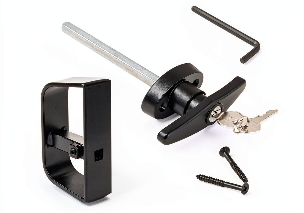 Bueyfolt T handle lock installed on a shed door