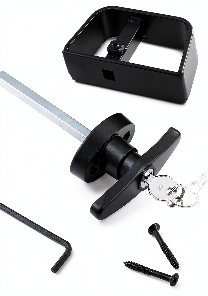 Bueyfolt shed door lock installed on a wooden shed door