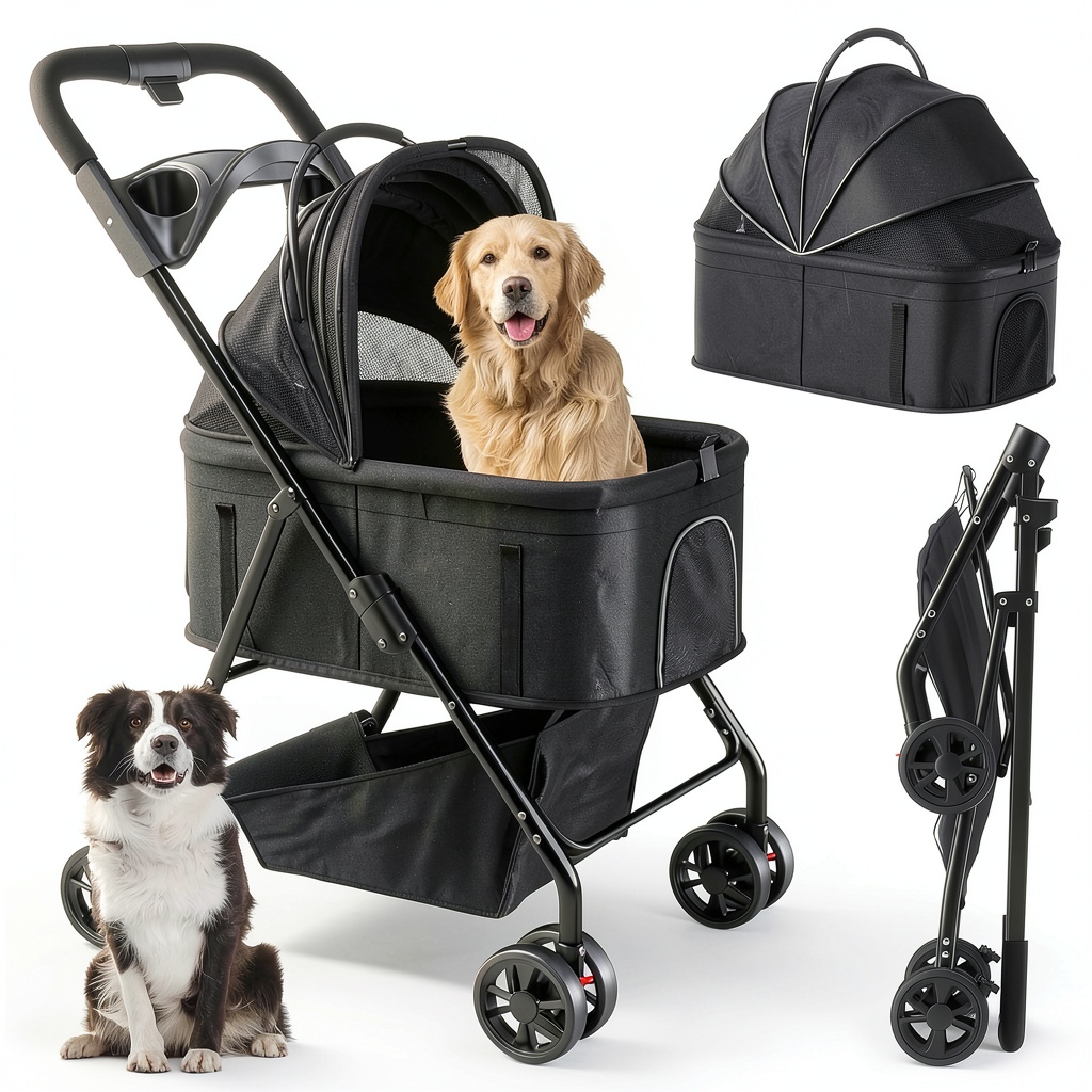 AdventEdge dog stroller folded and stored in a car trunk